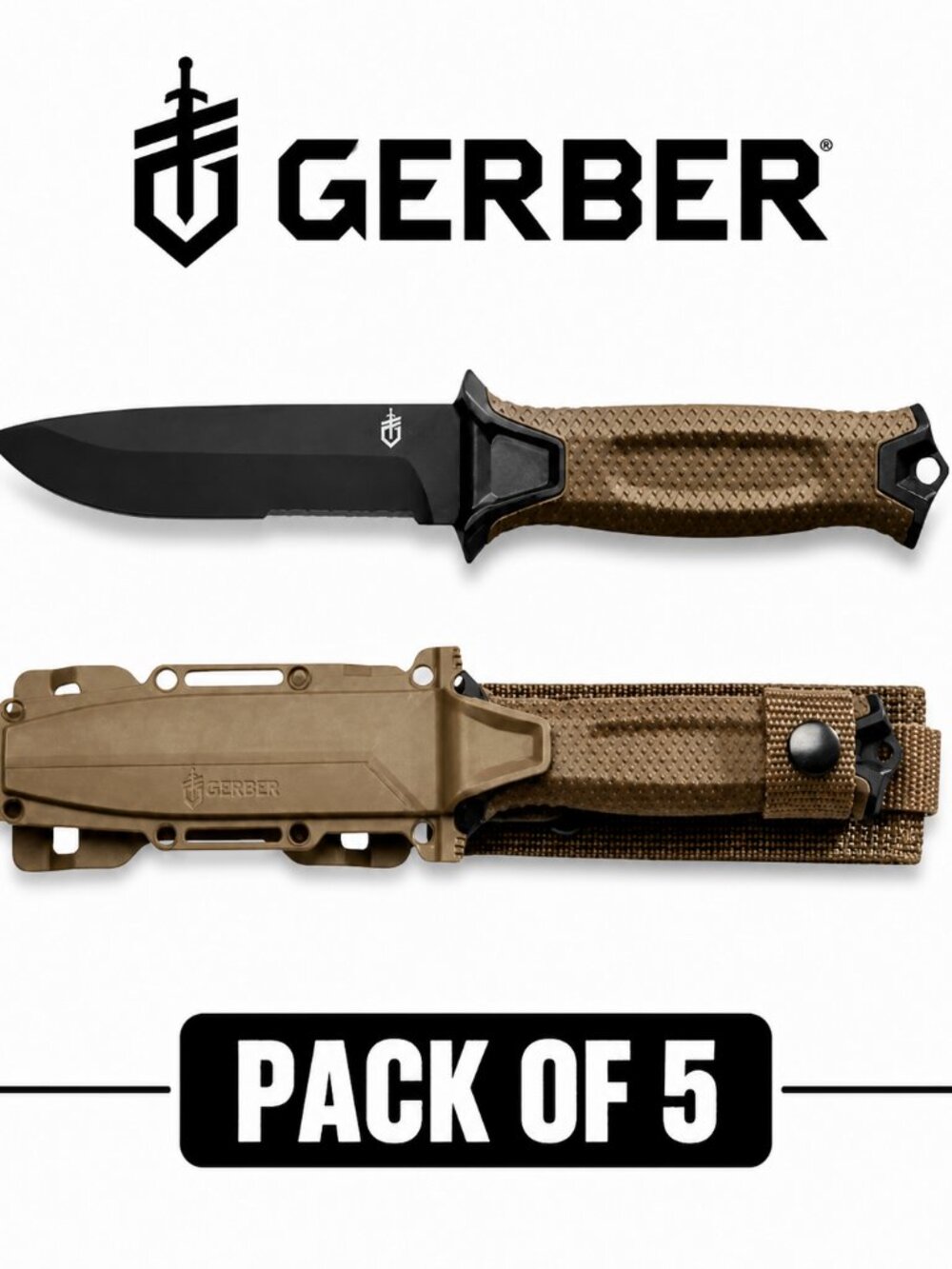 Gerber StrongArm Knife, Coyote Brown Serrated Fixed Blade with Cut - (USA)